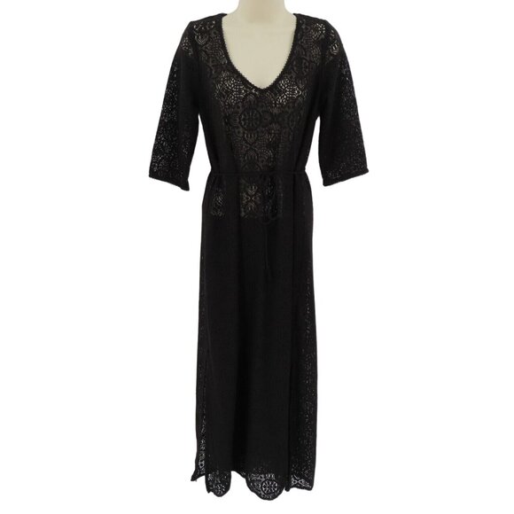 OYSHO Womens Small Black Long Sleeve V Neck See Through Coverup Dress Beach Slit - Picture 1 of 14